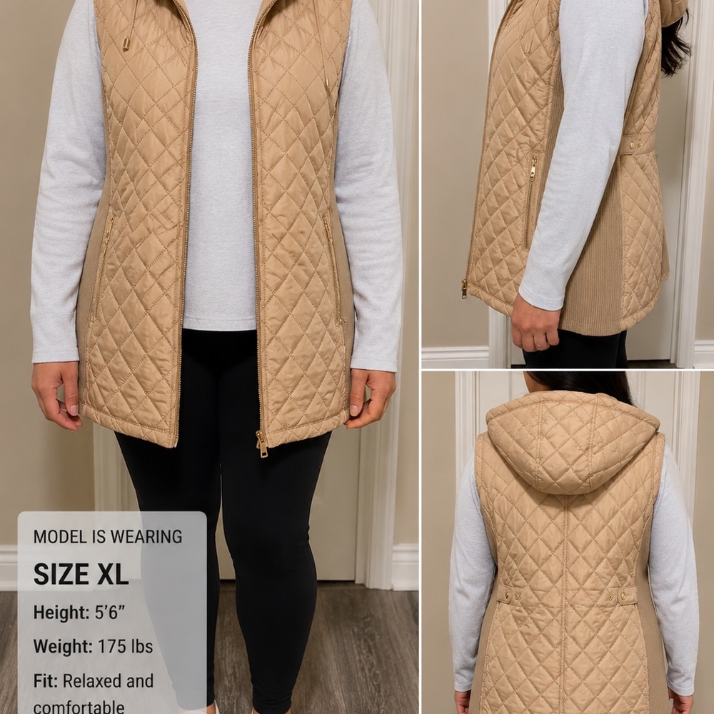 Daisy Hooded Quilted Puffer Vest | Size X Large | Beige Zip-Up Vest